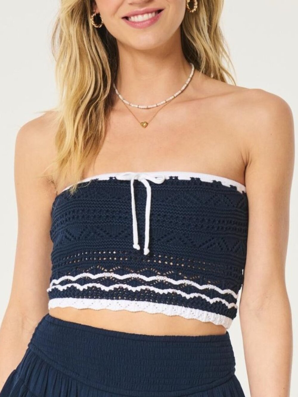 NWT Hollister Navy Blue Crochet Knit Tube Top XS 100% Cotton Boho Coquette Beach